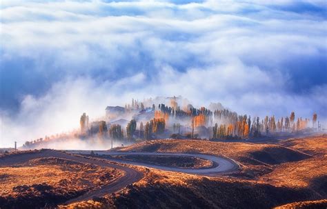 Nature Landscape Road Mist Fall Clouds Forest