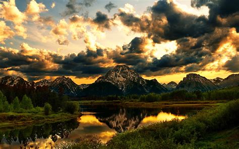 Mountain Reflection Beautiful Beauty Clouds Colors Golden Sunset Grass Green Lake Landscape