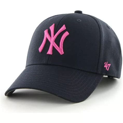 47 Brand Curved Brim Pink Logo New York Yankees Mlb Mvp Navy Blue Cap
