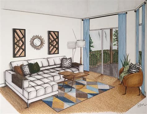 Hand Render With Copic Markers And Prisma Colored Pencils Interior