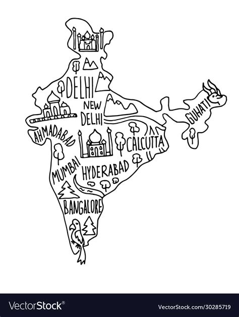 Hand Drawn Doodle India Map City Names Royalty Free Vector