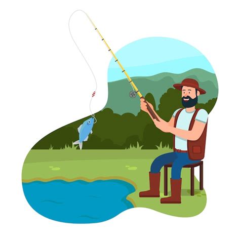 Premium Vector Fisherman Sit On Chair Near Lake With Fishing Rod