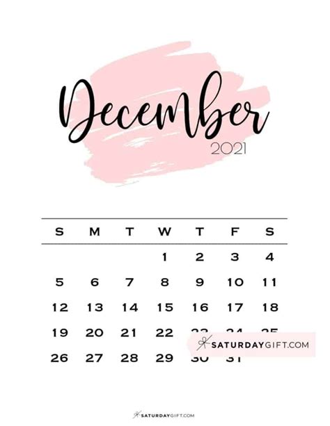 Cute And Free Printable December 2021 Calendar Saturdayt