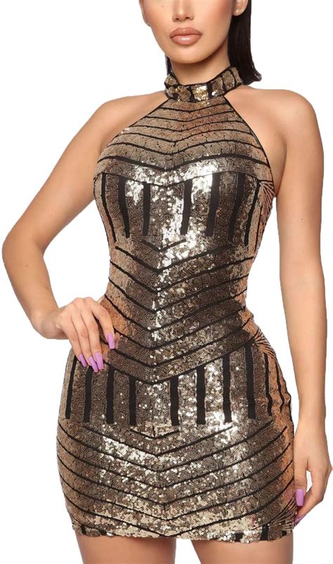 Amazon Com Women S Sexy Sleeveless Halter Sequin Clubwear Bodycon Party Sexy Mini Dress Gold L