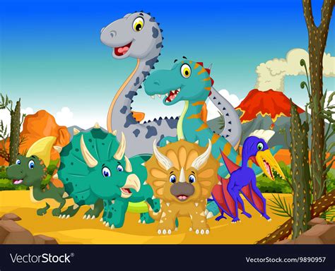 Looking for baby dinosaur cartoon psd free or illustration? Funny dinosaur cartoon with volcano background Vector Image