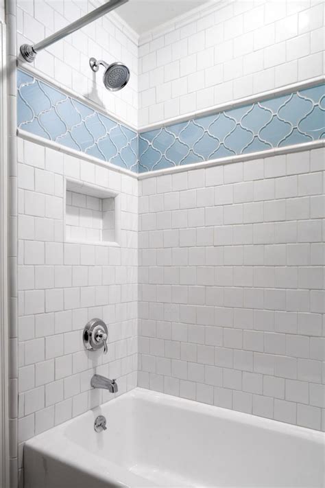 White Traditional Shower With Blue Tile Accent White Tile Shower