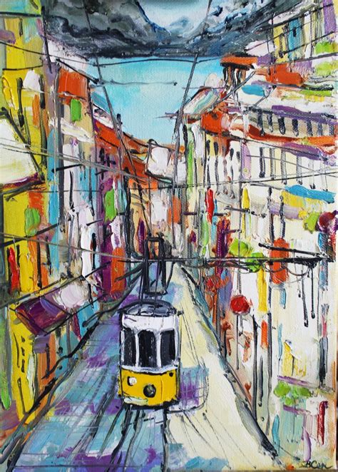 Trams Portugal Lisbon Painting Oil Cityscape Lisbon Oil Etsy Canvas