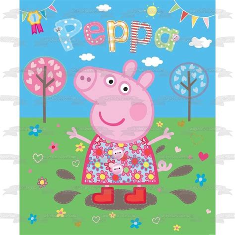 Peppa Pig Heart Trees Flowers Edible Cake Topper Image Abpid12346