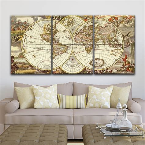 Wall26 3 Panel Canvas Wall Art Vintage World Map Giclee Print