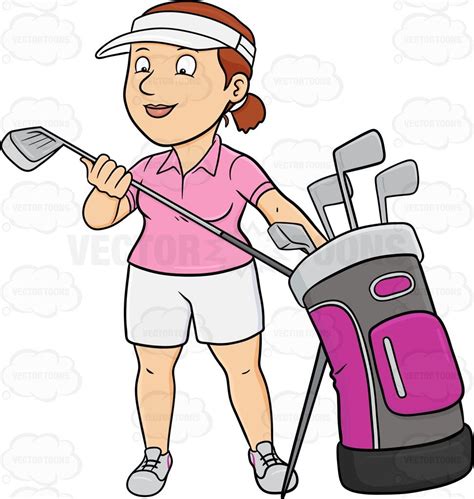 A Female Golfer Inspecting Her Golf Club Cartoon Clipart Vector