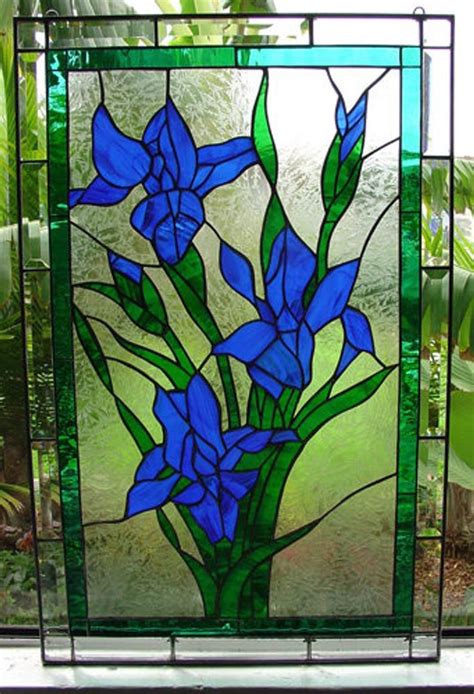 Iris Stained Glass Panel Hangings Iris Flower Art Glass Etsy