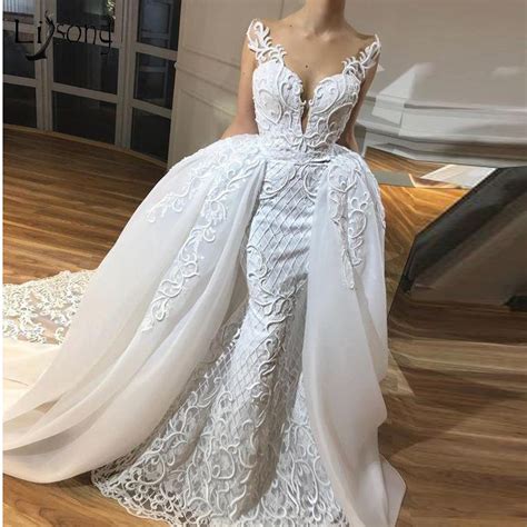 Dubai Sexy See Thru Lace Bridal Dresses Full Sleeves Puffy Detachable