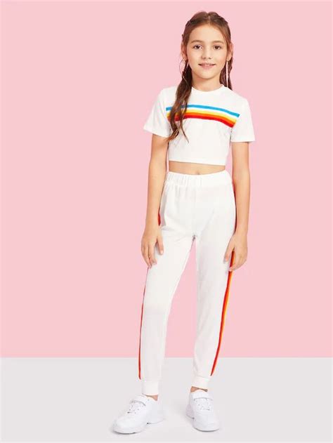 Shein Girls Crop Rainbow Striped Tape Top And Sweatpants Set Cute