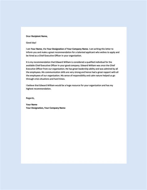 Sample Recommendation Letter For A Ceo Position Onvacationswall Com