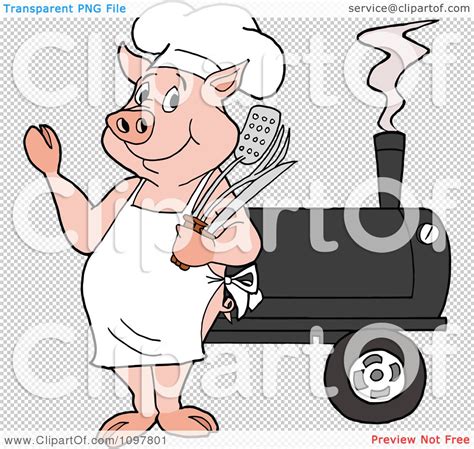 Clipart Happy Chef Pig Waving And Standing By A Bbq Smoker Royalty