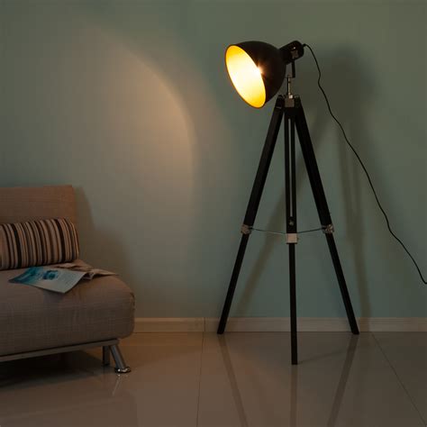 Tripod Floor Lamp Retro Studio Lampshade Reading Light Wooden Legs