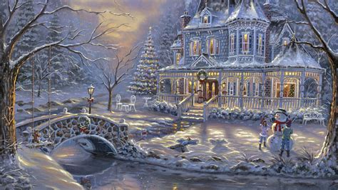 Houses Merry Christmas Scene F5mp Victorian Painting December