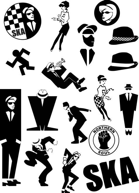 Various Black And White Silhouettes Of People With Hats Suits And Other Things In The Background