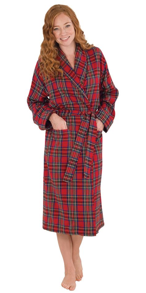 Classic Red Brushed Cotton Flannel Stewart Plaid Robe For Women At