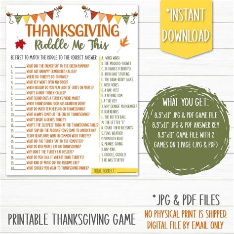 Thanksgiving Riddle Me This Game Printable Games Fall Etsy