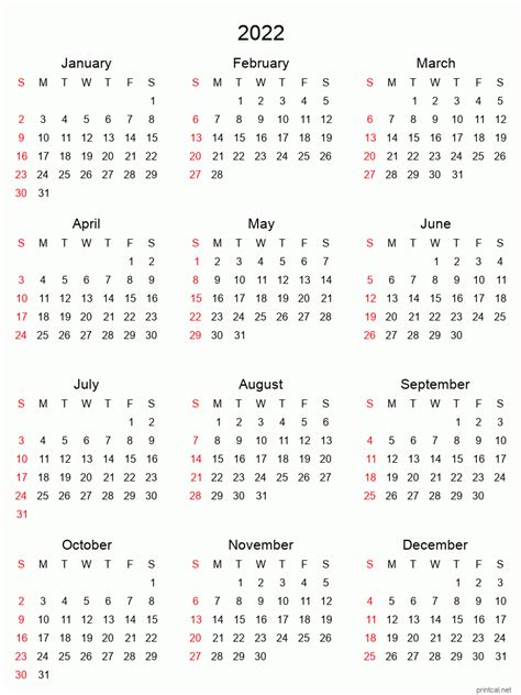 Printable Yearly Calendar 2022 Full Year Free Printable Calendars All