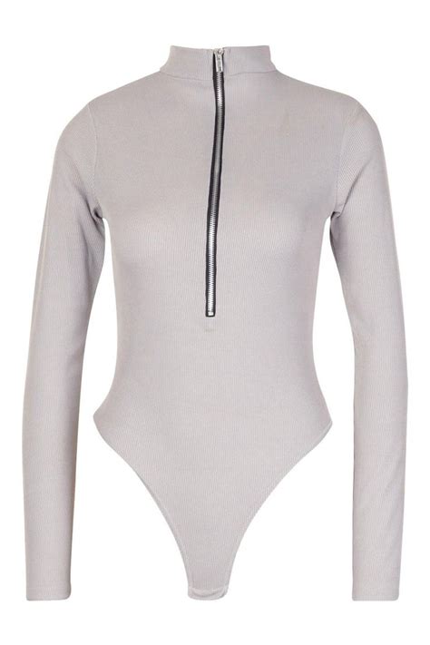 Ribbed Long Sleeve Zip Up Bodysuit Boohoo Uk In 2020 Bodysuit Zip