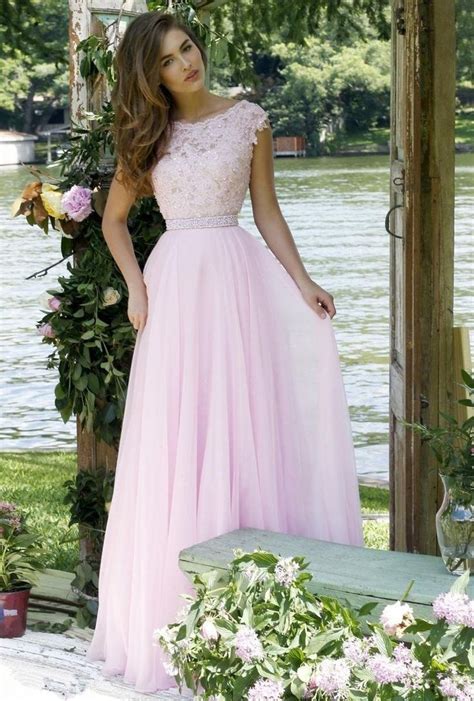 Pink Lace Bodice Prom Dresses Modest Long Evening Gowns For Formal