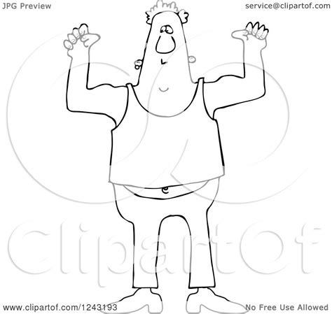 Clipart Of A Black And White Chubby Man Flexing His Muscles Royalty Free Vector Illustration
