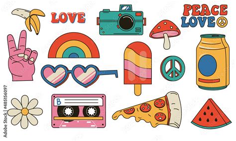 Hippie Retro Stickers Cartoon Psychedelic Vintage Clip Art Smiley