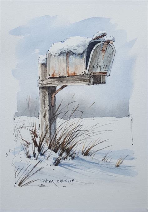 Winter Mailbox X Fine Art Original Watercolor Peter Sheeler Snow
