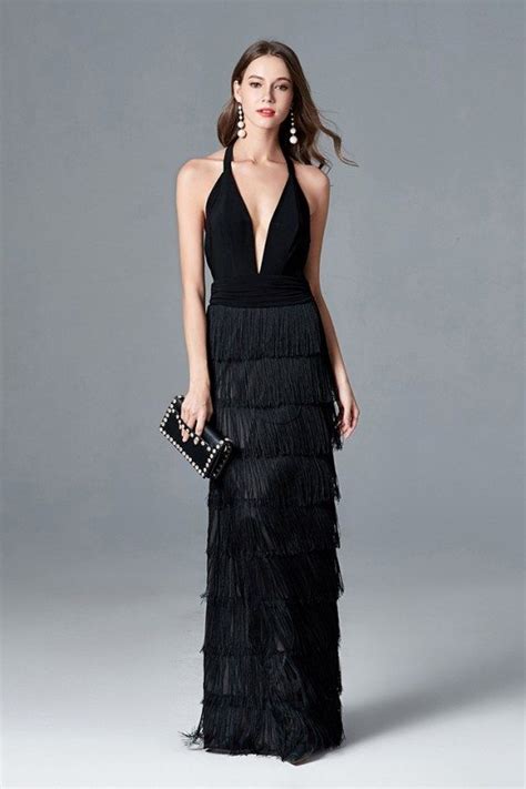 sexy fringes layered black long prom dress with deep v halter neck 87 ck787