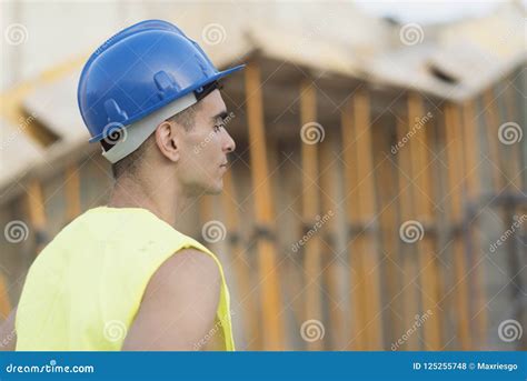 Construction Worker Head Detail In Outdoors Portrait Stock Photo