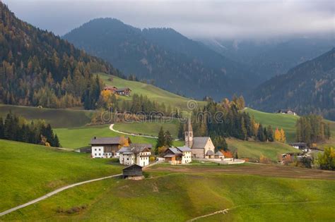Green Alpine Valley With View Of Santa Maddalena Village Church Val Di
