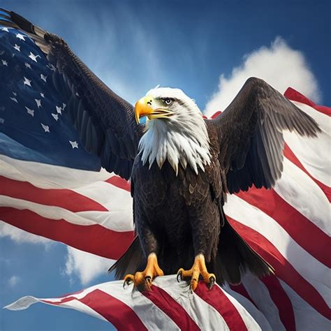 Premium AI Image A Majestic Bald Eagle Perched Atop An American Flag Its Wings Spread Wide In