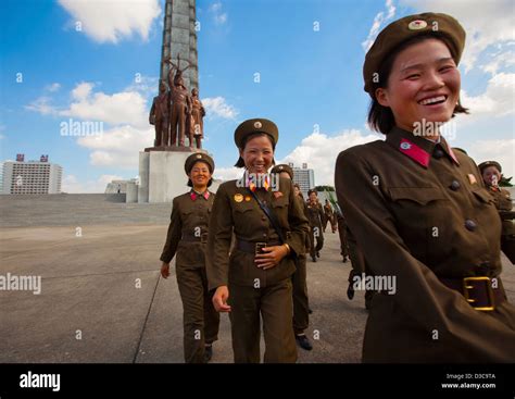Smiling North Korean Female Soldiers In Tower Of The Juche Idea Pyongyang North Korea Stock