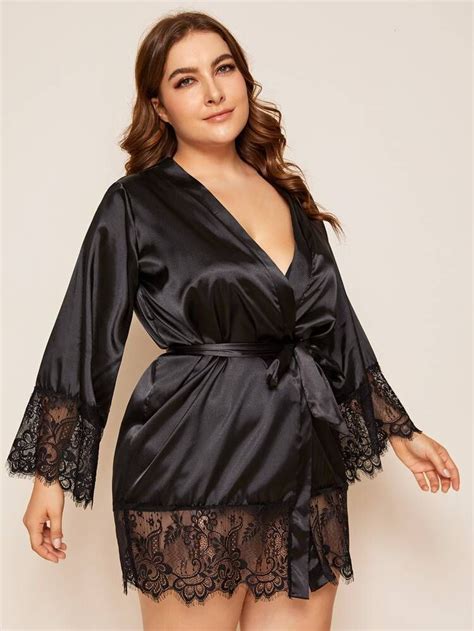 Shop Plus Contrast Lace Satin Robe With Belt Online Australiashein
