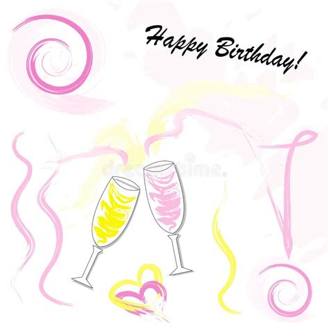 Hand Drawn Happy Birthday Card Vector With Champagne Glasses Stock