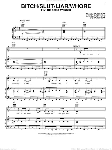 Bitchslutliarwhore Sheet Music For Voice Piano Or Guitar