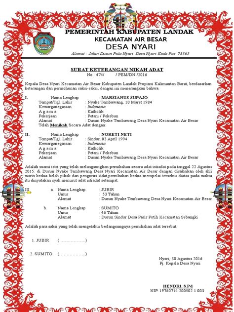 Rumah adat dayak radakng ini biasa kita temukan di pontianak, rumah ini telah meraih rekor dunia dari muri ukuran bangunan rumah adat rumah adat ini menjadi pusat kebudayaan melayu di kalimantan barat. Blangko SK NIKAH ADAT Desa Nyari