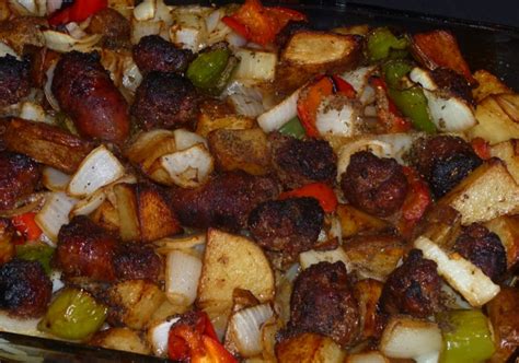 When potatoes are about 85% done or your last 5 minutes of cooking add sausage, onion, garlic, sage, and hot sauce. Smoked Sausage and Potato Bake • 01 Easy Life