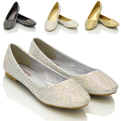 Womens Bridal Flats Ladies Sparkly Diamante Bridesmaid Ballerina Pumps