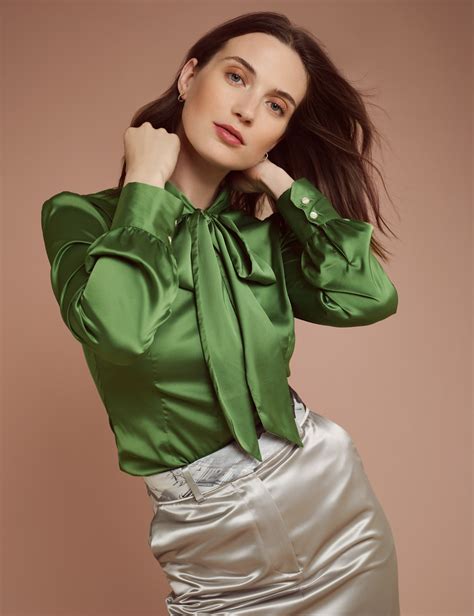 Women S Cactus Green Fitted Luxury Satin Blouse Pussy Bow Hawes Curtis
