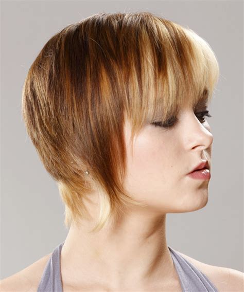 Short Straight Casual Hairstyle With Razor Cut Bangs Caramel And