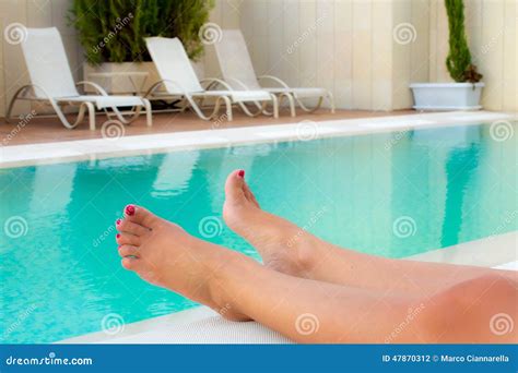 Tanned Woman S Legs Stock Photo Image Of Pool Outside