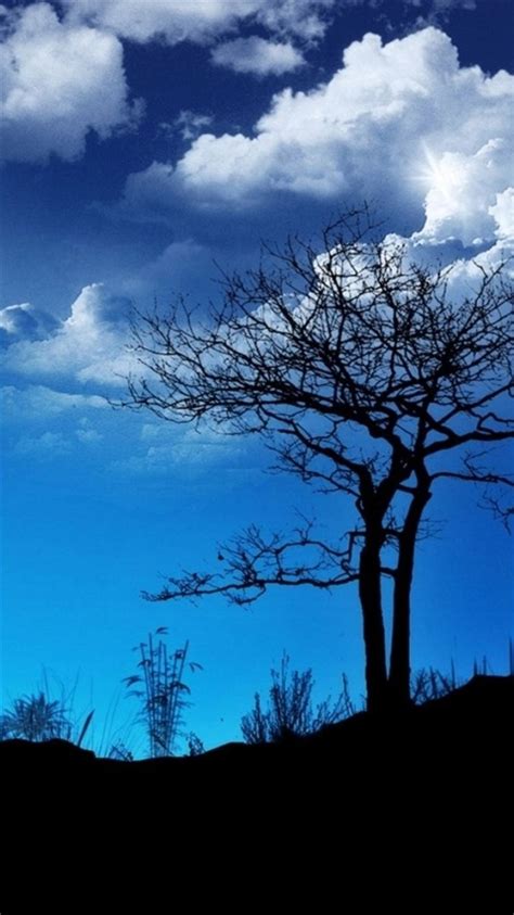 Blue Bright Night Hill Tree Cloudy Skyscape Iphone 8 Wallpapers Free