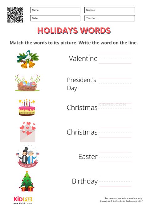 Holiday Words Practice Worksheets For Kindergarten Kidpid