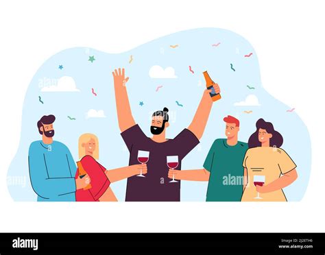 Happy Friends Drinking Wine Or Beer Together Flat Vector Illustration Cartoon Positive People