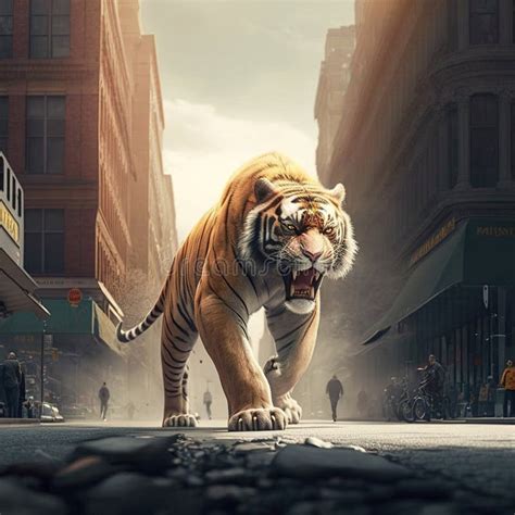 Ai Generated Illustration From Tiger Walking In City Street Stock