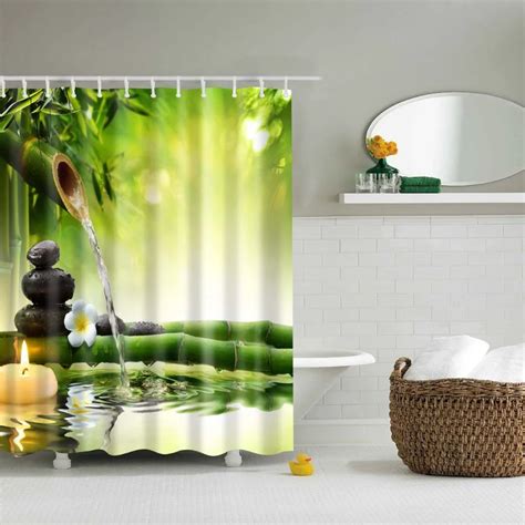 Lfh Fabric Shower Curtain Spa Decor Green Yellow Mildew Resistant Bathroom Zen Garden Theme