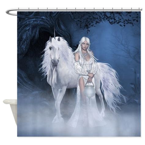 White Lady And Unicorn Shower Curtain By Fantasyartdesigns Cafepress